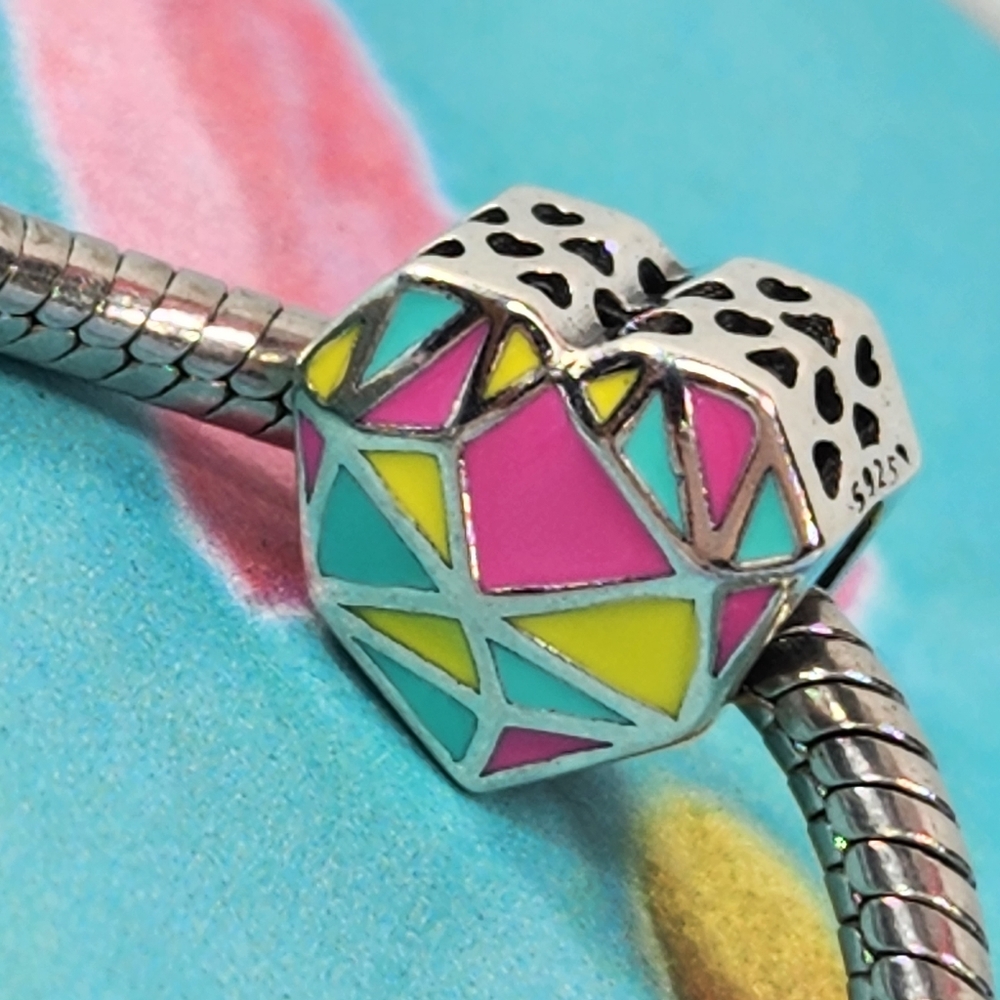 S925 Sterling Silver Geometric Pastel Heart European Style Charm Bead
